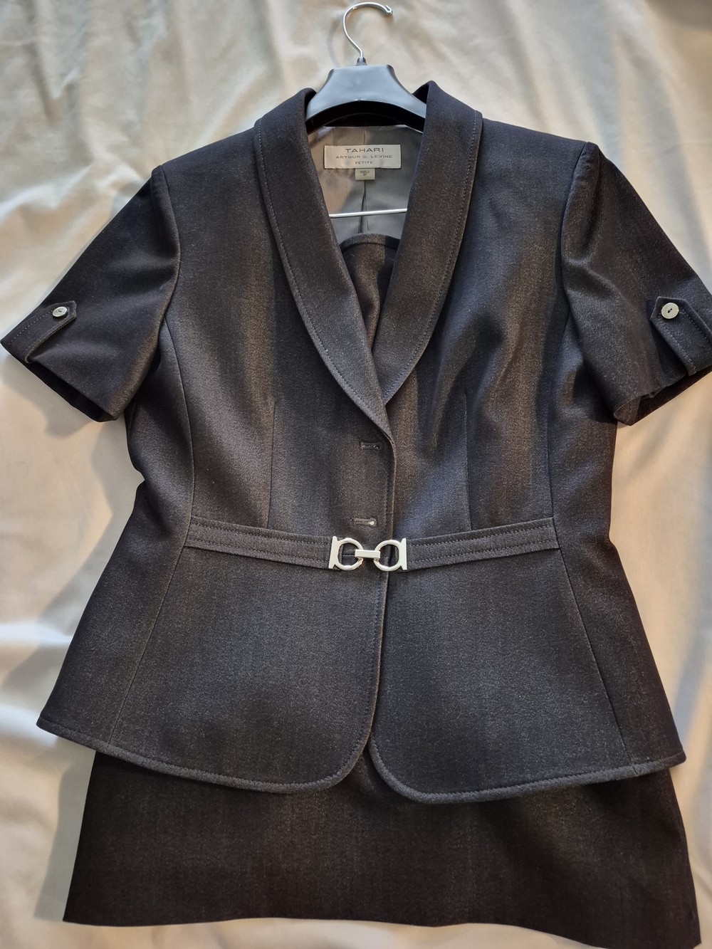 Tahari Short-Sleeve Skirt Suit with Silver Buckle